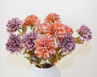 Dried Dahlia Stem with Leaves, Vintage Living Room Floral Decor, Artificial Flower Craft, Wedding Party Bloom Arrangement, Table Centerpiece