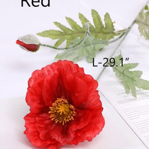 Fake Poppy Stems with Buds, Artificial Flower Crafts, Rustic Floral Decor, Wedding Party Bloom Arrangement, Dining Table Centerpiece, Gift Red