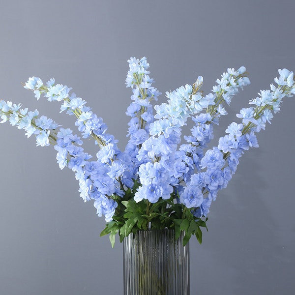 Fake Delphinium Long Stem with Leaves, Artificial Flower Craft, Home Floral Decor, Wedding Party Bloom Arrangement, Dining Table Centerpiece