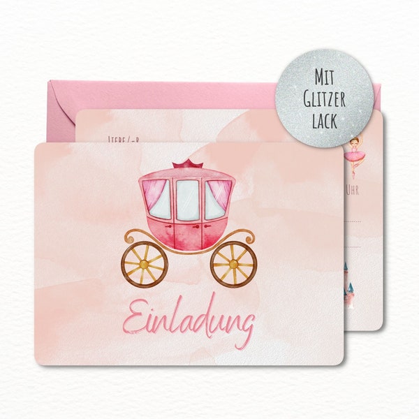 12x Prinzessin Einladungskarten mit/ohne Umschläge für Jungen & Mädchen Kindergeburtstag und Party – Süße Karten mit rosa Glitzer Motiv