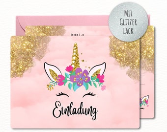 12x Glitzer Einhorn Einladungskarten mit/ohne Umschläge für Mädchen Kindergeburtstag und Party – Coole Karten mit gold rosa Glitzer Motiv