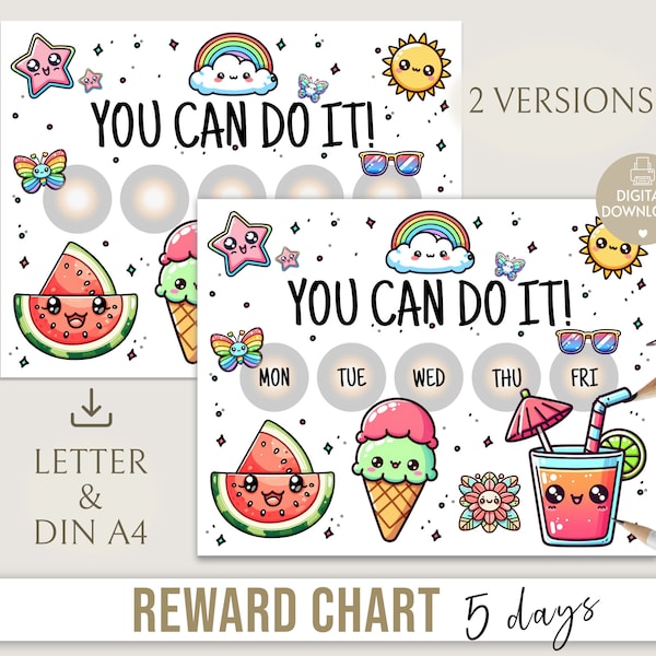 Learning Gifts, Summer Reward Chart for Toddlers and Kids 5 Days, Schoolkid Gifts, Educational Gifts, Preschool Printables, Giftidea Kids