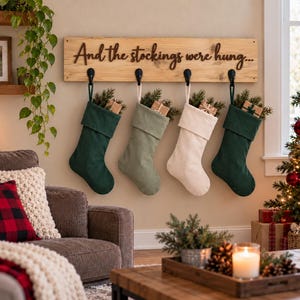 Christmas Stocking Holder with Hooks, Rustic Wooden Stocking Hanger,  30 Inch Holiday Wall Sign