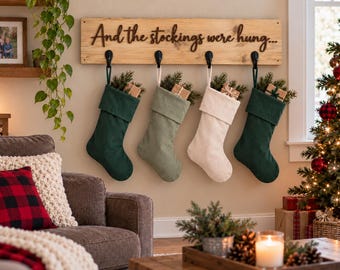 Christmas Stocking Holder with Hooks, Rustic Wooden Stocking Hanger,  30 Inch Holiday Wall Sign
