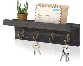 Rustic Key Holder for Wall, Farmhouse Wall Shelf with 4 Hooks, Wall Mounted Key Racks, Wooden Mail Organizer with Hooks for Entryway