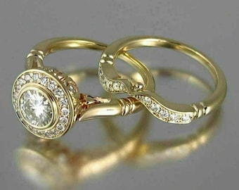 1.89 Ct Moissanite, Bridal Set Ring, 14K Yellow Gold Plated, Engagement Wedding Ring Set, Bezel Set Engagement Ring, Surprise Diamond Ring