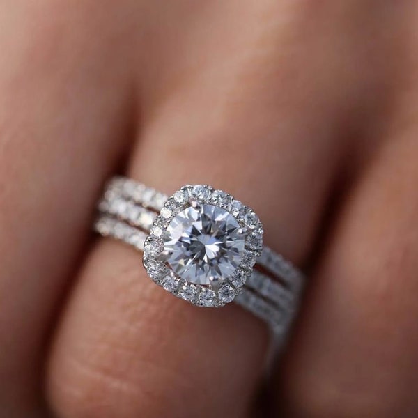 Trio Bridal Set Ring, 1.77 Ct Colorless Moissanite, Women's Engagement Ring Set, 14K White Gold, Diamond Ring Set, Halo Wedding Ring Set