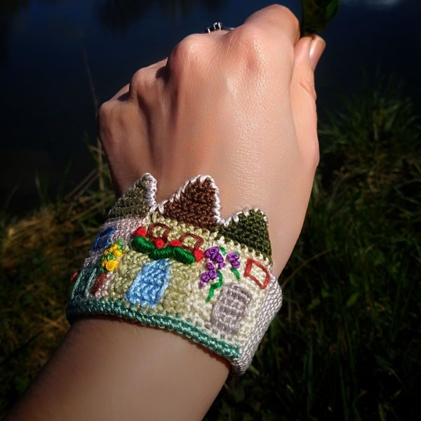 Tiny houses modern bracelet. Crochet cuffs with embroidered street. Textile cotton jewelery for allergic. One of a kind item.