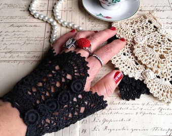 Handmade Crochet Lace Wrist Cuffs: Victorian Gothic Cotton Accessories