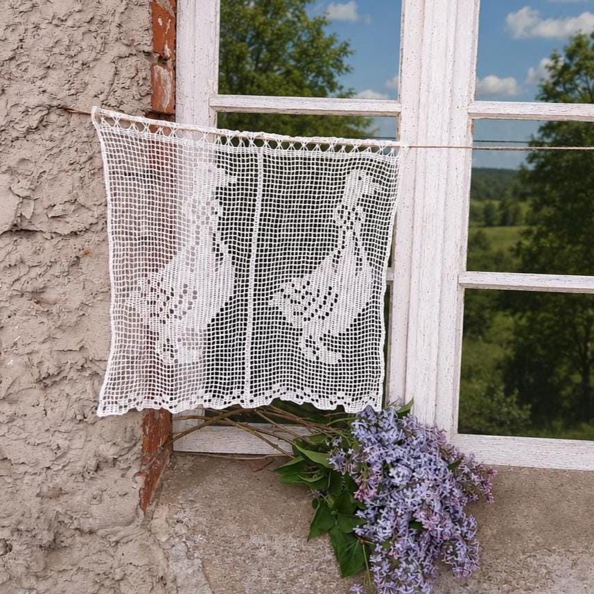 Linen Lace Geese Window Cafe Curtain - Filet Crochet Curtain Panel