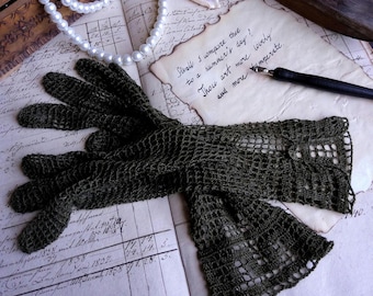 Crocheted Linen Lace Gloves: Khaki Evening Accessories