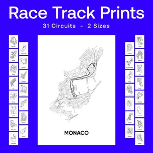 Wydruki torów wyścigowych F1 – 31 projektów torów – Minimalistyczna sztuka ścienna sportów motorowych – Styl Blueprint – Plakaty Formuły 1 – Monako i nie tylko – 11x17 16x24