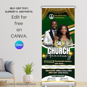 May include: A vertical banner with a green and gold design, featuring a couple and text that reads "50th Church Anniversary." The banner includes the text "The Jesus Holy Tabernacle" and "Edit for free on Canva."