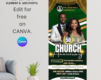 Editable Church Anniversary Retractable Banner Template – Green Gold Rollup Design