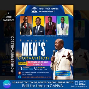 May include: A blue flyer for a Men's Convention, featuring images of men in suits. The flyer includes the text "Men's Convention," the theme "Brotherhood and Growth," and event details for May 15, 2035.