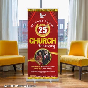 Customizable Red & Gold Church Anniversary Retractable Banner Template for Canva - Roll-up Vinyl Sign, Vinyl Banner, Church Canva Banner.