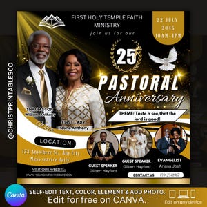 Flyer anniversaire pastoral noir et or Flyer prêt-à-porter honoraire pour pasteur, invitation pour événement religieux, modèle Canva Design.
