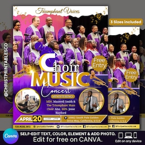 Editable Choir Music Concert Flyer, Purple & Gold Music Poster, Music Band Flyers, Music Flyer Template, Church Concert Invitation Canva.