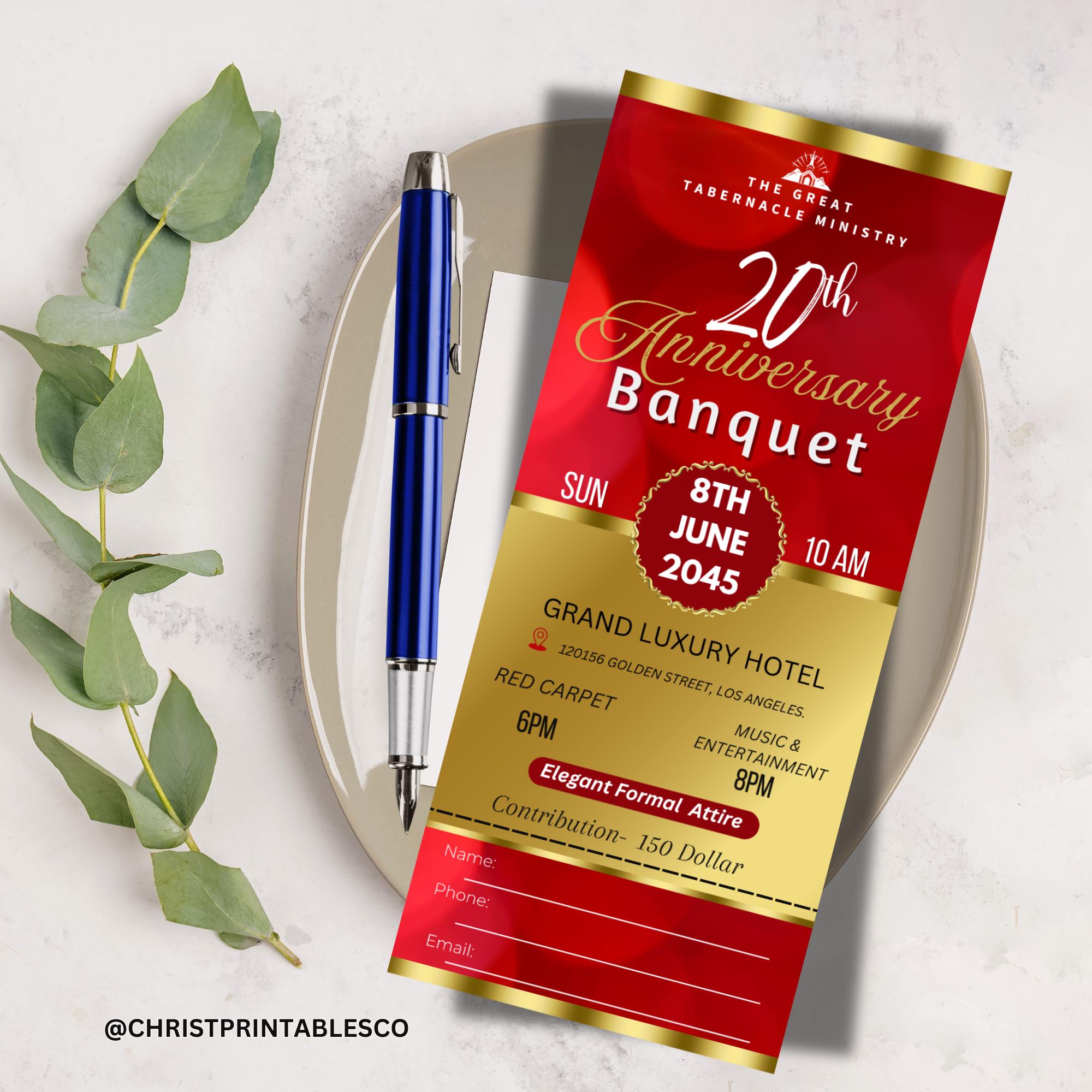 Editable Anniversary Luxury Banquet Ticket Template for Canva, Red ...