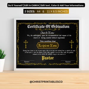 Aanpasbare certificaatsjabloon voor predikant, afdrukbaar certificaat voor wijding, ministeriecertificaat, Canva-certificaat.