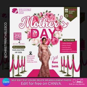 May include: A Mother's Day event flyer with a floral design and a woman in a pink dress. The flyer includes event details, a QR code for registration, and a list of activities. The event is on Sunday, September 23, 2035.
