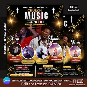 DIY Church Music Concert Black & Gold Flyer, Editable Music Poster, Music Band, Gospel Music Flyer, Musical Event Flyer Canva Templates.