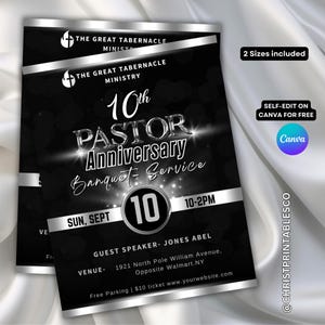 Editable Pastor Anniversary Banquet Flyer for Canva, Black & Silver Anniversary Flyer, Banquet Invitation Flyer, Gala and Fundraiser Event.