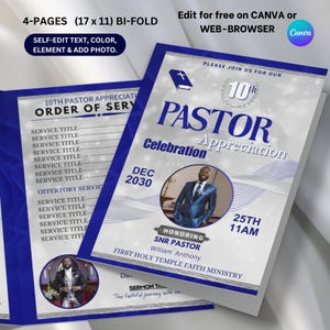 Editable Pastor Appreciation Program Template, Blue & Silver Bi-Fold Church Template, (17x11 Fold 8.5x11) 4 pages Anniversary Template Canva
