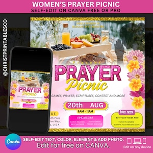 Elegante vrouwengebed picknick folder sjabloon bewerkbare uitnodiging voor vrouwenontbijt vrouwengebedsbrunch vrouwenevenement bloemen folder Canva.