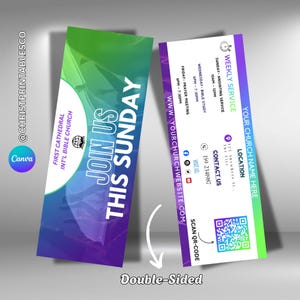 May include: Double-sided business card with a gradient of green, blue, and purple. The front reads "Join Us This Sunday" and lists the church name. The back includes service times, contact info, a QR code, and website address.