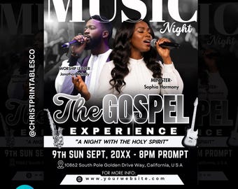 Church Music Program Flyer Template- Editable Gospel digital Flyer, Praise Worship Concert Invitation, Live Music Band, Choir Concert Canva.