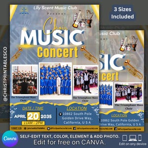 Editable Choir Music Concert Flyer, Sky Blue & Gold Music Poster, Music Band Flyers, Music Flyer Template, Concert Invitation Flyer Canva.