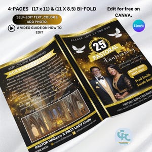Black & Gold Pastoral Anniversary Program Template | Bi-fold Canva Design | Editable Church Program Template, (11 x 8.5 and 5.5x 8.5) Canva.