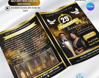 Black and Gold Anniversary Program Template: Bi-Fold Church Design (Canva Editable, 11x8.5 & 5.5x8.5)