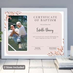 Plantilla de certificado de bautismo de Canva, certificado de bautismo moderno editable de la iglesia, diseño de certificado de bautismo elegante de la iglesia imprimible.