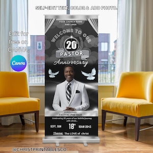 Editable Pastor Anniversary Retractable Banner, Black and Silver Rollup Banner, Banner Template, Church Anniversary Sign, Vinyl Banner Canva