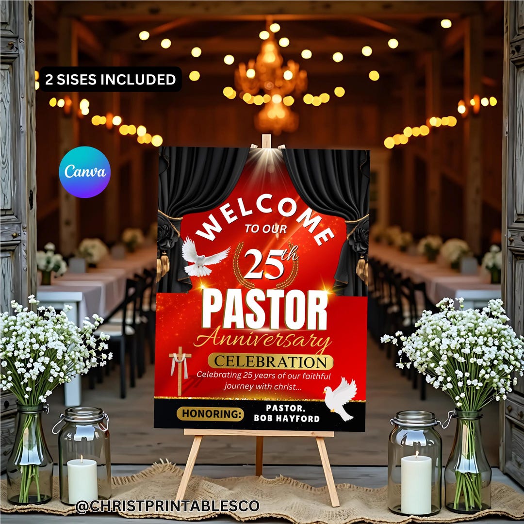 Pastor Study Signs Red & Gold Pastor Anniversary Welcome Sign- Editable Church Sign ...