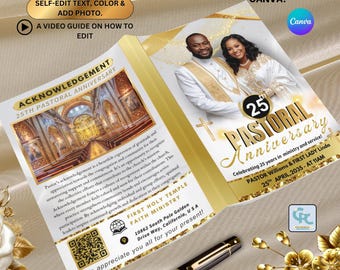 White & Gold Pastoral Anniversary Program Template- Editable 4 Pages Church Program (11 x 8.5 and 5.5x 8.5) in Bi-Fold Canva Templates.