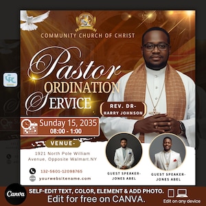 Editable Pastor Ordination Flyer Template, Brown & White Pastor Event Flyer, Church Event Flyer, Invitation Template For Anniversary Canva.