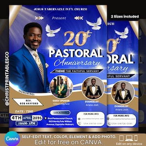 Flyer anniversaire pastoral bleu et bronze, Flyer modifiable pour l'anniversaire du pasteur, Flyer prédéfini, modèle d'appréciation du pasteur, design Canva.