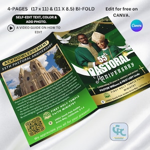 4 Pages Green & Gold Pastoral Anniversary Program Template- Editable Church Program (11 x 8.5 and 5.5x 8.5) in Bi-Fold Canva Templates.