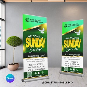 May include: Two green and gold retractable banners with the text "WELCOME TO SUNDAY Service" and a dove graphic. The banners include information about Bible study and prayer times, and age group room assignments. The bottom of the banner says "CONNECT WITH US-".