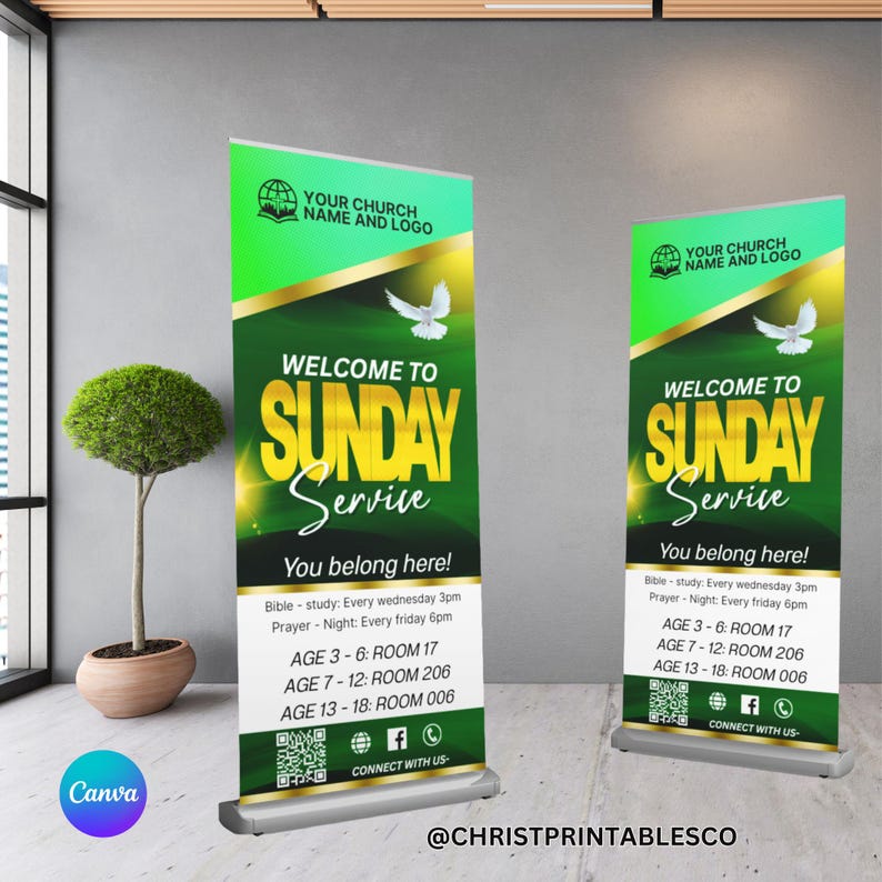 May include: Two green and gold retractable banners with the text "WELCOME TO SUNDAY Service" and a dove graphic. The banners include information about Bible study and prayer times, and age group room assignments. The bottom of the banner says "CONNECT WITH US-".