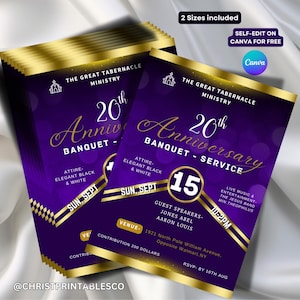 Purple & Gold Anniversary Banquet Flyer Invitation Editable Anniversary Banquet Template Church Gala and Fundraiser Event, Printable, Canva.
