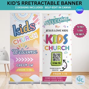 Bearbeitbares versenkbares Banner für den Kinderdienst, Popup-Banner für Kinder, VBS-Bannerregistrierung, Kinder-Rollup-Vinyl-Banner Canva.