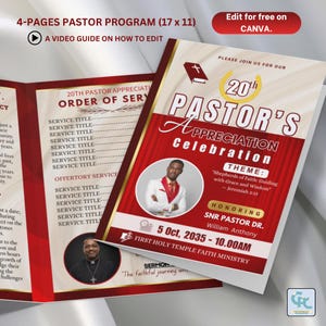 Puede incluir: Un folleto para la 20ª Celebración de Apreciación del Pastor. La portada presenta una foto de un hombre con un traje blanco, con detalles en rojo y dorado. El folleto mide 43 x 28 cm e incluye la fecha, la hora y el lugar.