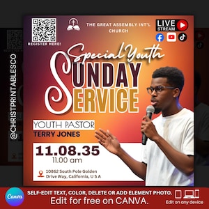 May include: A promotional graphic for a church event. The design features the text "Special Youth Sunday Service" in large, stylized lettering. A man with glasses and a microphone is speaking. The graphic includes social media icons and event details.
