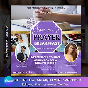 Editable Women's Prayer Breakfast Flyer, Bible And Brunch Flyer, Women's Ministry Flyer, Women Meeting Invite, Breakfast Invitation Flyer.