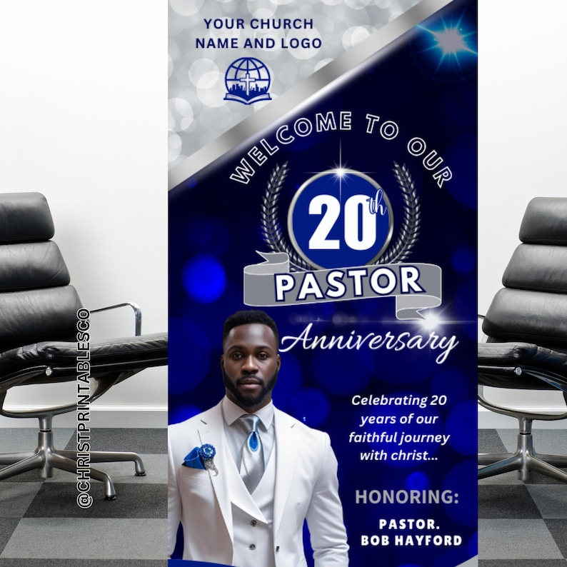 Pastor Color Blue and Silver Pastor Anniversary Retractable Banner, Editable Rollup ...