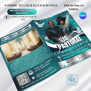 4 Pages Teal & Silver Pastoral Anniversary Program Template- Editable Church Program (11 x 8.5 and 5.5x 8.5) in Bi-Fold Canva Templates.